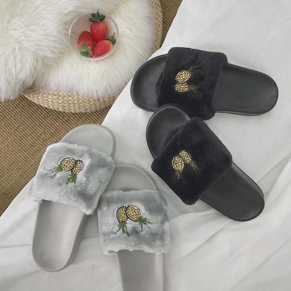 

outdoor fruit women's slides slippers with faux fur for home house female winter furry slide sandals size 40, Black