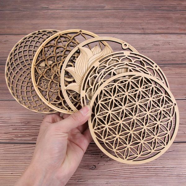 

mats & pads chakra flower of life natural symbol wood round edge circles carved for stone crystal set home kitchen diy decor