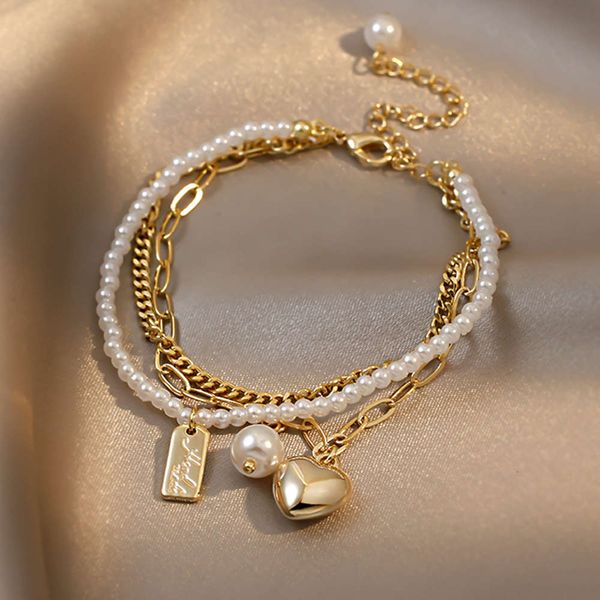 

bracelet multi layer pearl love square brand pendant bracelet japanese and korean advanced cool style bracelet minority temperament simple h, Golden;silver
