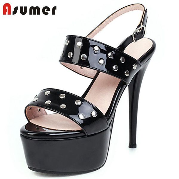 

est thin high heels ladies platform sandals rivet buckle summer party prom shoes women big size 48, Black