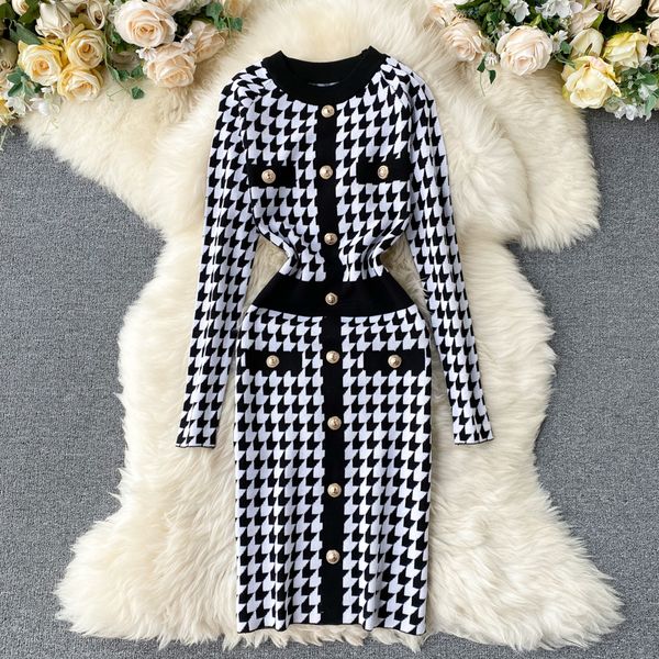

womne plaid houndstooth knitted dress autumn fashion retro knit sweater robe work streetwear winter bodycon plaid dress 2022, Black;gray