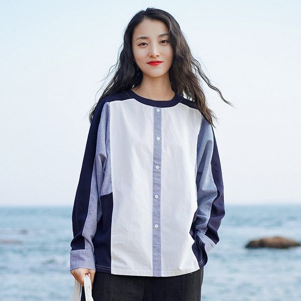 

johnature women patchwork color shirts korean style blouses o-neck long sleeve spring button cotton linen shirts 210521, White