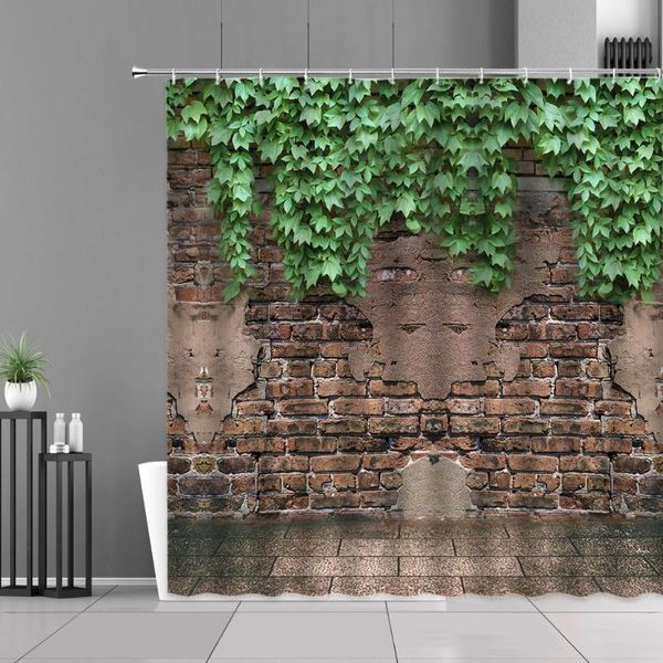 

shower curtains brick wall design green plants leaves vine rock stone walls bath curtain home bathroom decor waterproof screen