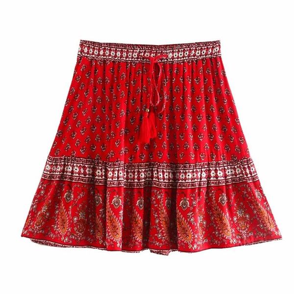 

skirts early spring 2021 retro high waisted style floral positioning printing red cashew rayon elastic skirt, Black