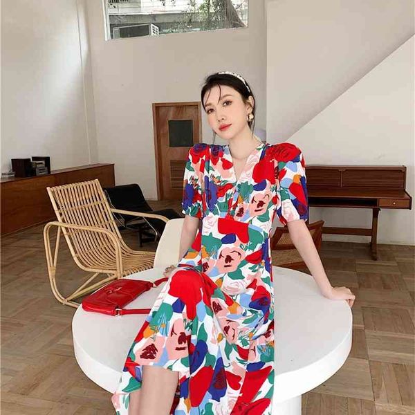 

casual dresses puff sleeve red long somen v neck short floral print midi ladies vacation outfits summer beach 2021 b5aw, Black;gray