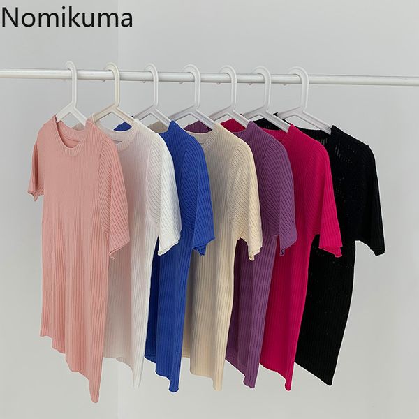 

nomikuma elegant t shirts women o neck short sleeve solid color knitted tshirts summer casual all-match tees camisetas 210514, White