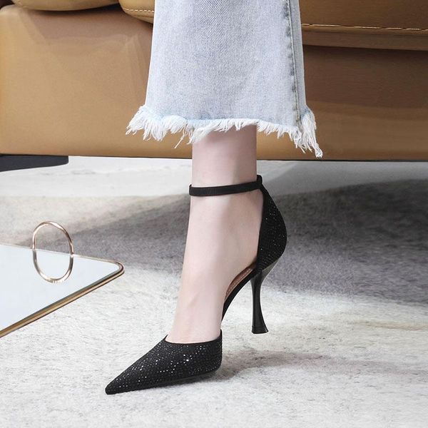 

sandals rhinestone baotou stiletto-heeled bridal wedding shoes female 2021 summer all-match word buckle pointed banquet dress sandal, Black