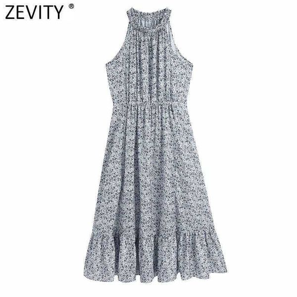 

zevity women elegant sleeveless floral print pleated ruffles halter dress female elastic waist vestidos chic midi dresses ds8256 210603, Black;gray