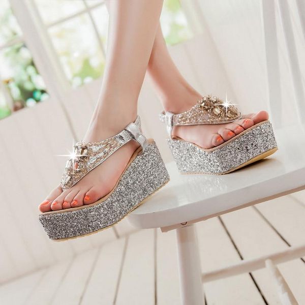 

dress shoes explosion summer women's sandals 2021 solid color sequined wedge heel platform sponge cake thick bottom sweet wind beach he, Black