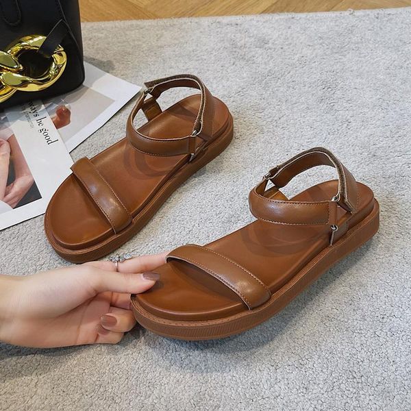 

retro brown women sandals 2021 summer rome casual shoes ladies sports sandels fashion comfortable flat platform sandalias dress, Black