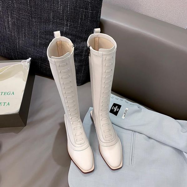 

boots women winter fashion long leather low heel comfortable casual zipper white black size 34-39