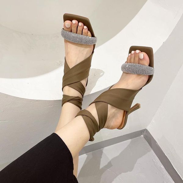 

summer women sandals bling crystal high heels shoes for ladies square toe satin outdoor, Black