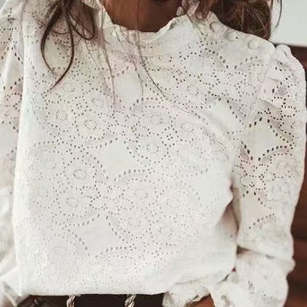 

women summer za solid blouses shirts o-neck long sleeve hollow out female elegant casual sweet smock clothes blusas 210317, White