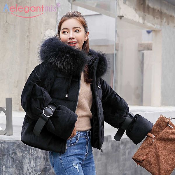 

aelegantmis winter women cotton down velvet thicken warm padded coat women's fashion fur hooded velour short outerwear 210607, Black