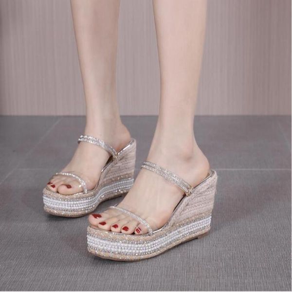 

sandals summen high-heeled women rhinestone transparent wedges heel, Black