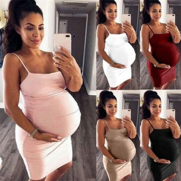 

pregnant women summer maternity dress solid suspender dresses clothes, White