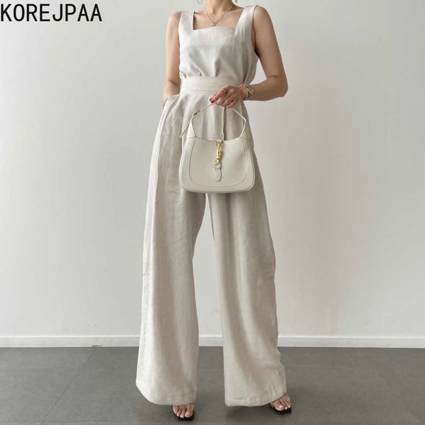 

korejpaa women set summer korean chic minority square neck clavicle loose vest high waist pleated wide leg casual pants 210526, White