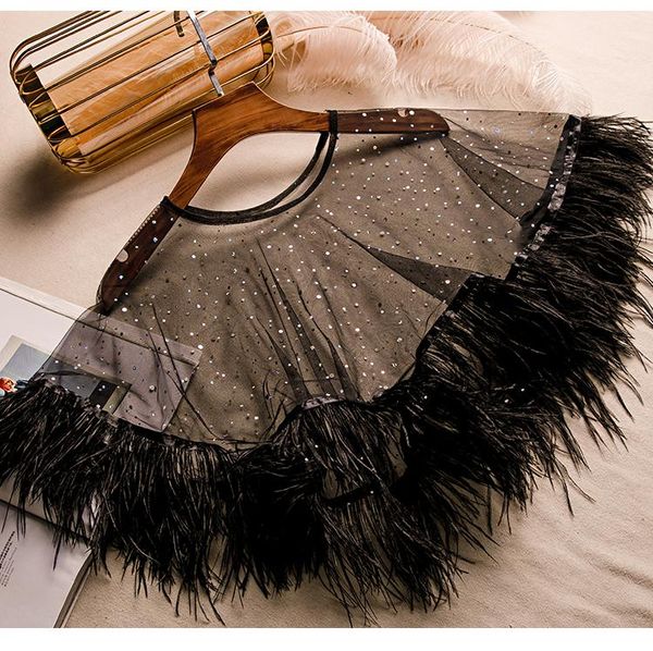 

scarves women's spring summer diamonds beaded black feather mesh pashmina female sunscreen white lace shawl cloak r3475, Blue;gray