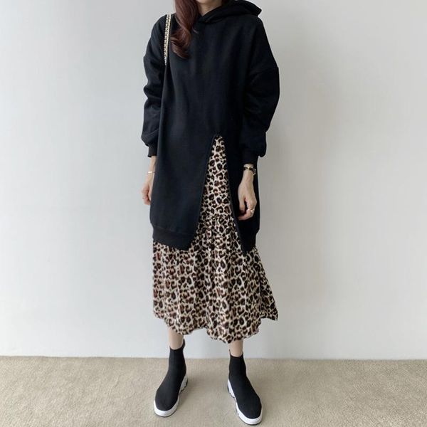 

women's hoodies & sweatshirts autumn winter by age thick plus velvet hooded joint leopord pattern fake two-piece hoodie long dress wome, Black