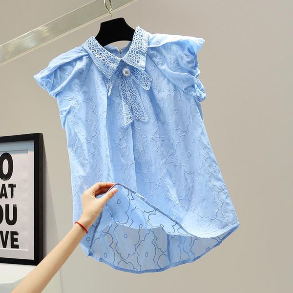 

women's blouses & shirts lace bow blue shirt lady 2021 summer loose back zipper sleeveless blouse solid color embroidery cotton for wom, White