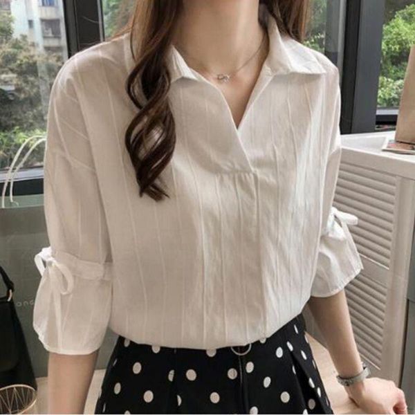 

women's blouses & shirts plus size 3xl solid color blouse women lace-up bow tie v-neck half sleeves shirt office lady casual cotton ble, White