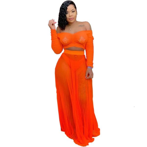 

skirts neon orange 2 outfits for women salsh neck sleeve crop beach long see through two piece matching set, Black
