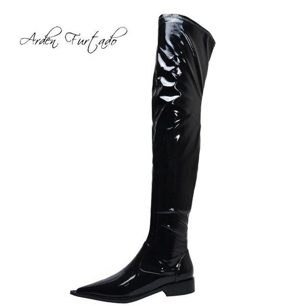 

boots arden furtado fashion women's shoes winter pointed toe zipper personality flat patent over the knee high big size 40, Black