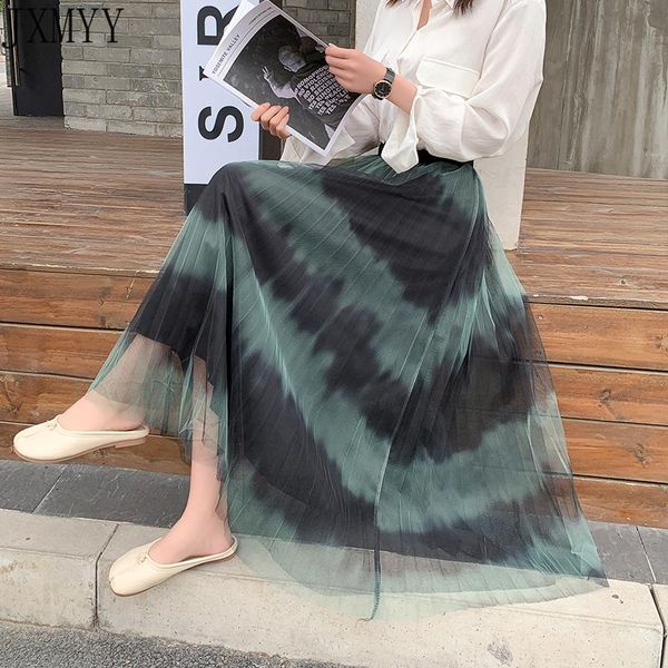 

skirts mesh skirt female fashion all-match color matching smudge striped pleated midi casual 2021 spring and summer jxmyy, Black