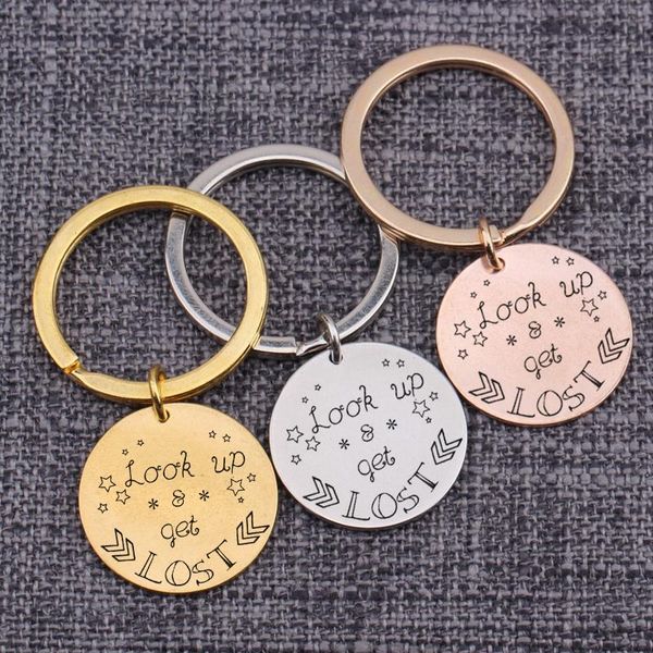 

keychains look up and get lost 2021 stamped keychain pendant jewelry accessories keyrings bag charms round key holder keepsake souvenir, Silver
