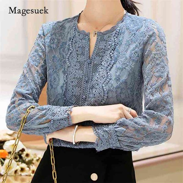 Herbst Frauen Büro Langarm Floral Pullover Bluse Blau Spitze Unten Hemd Koreanische Plus Größe Damen Tops 10357 210518