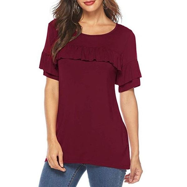 

women's t-shirt fashion solid color round neck wine red, White