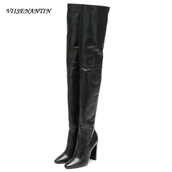 

boots design sense rear cross-lace super high heel knight high-tube thick genuine leather over-the-knee, Black