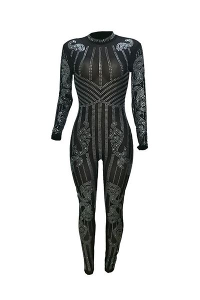 

women's jumpsuits & rompers fabandage stretch and comfortable with rhinestones long sleeves turtleneck sequins mesh see thought transpa, Black;white