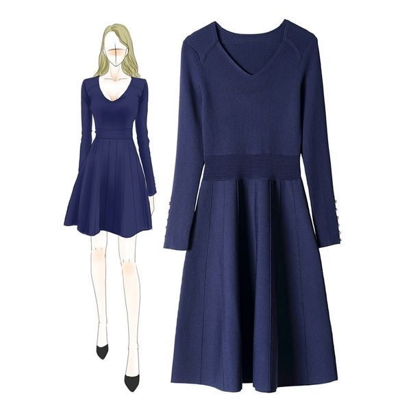 

new v-neck long sleeve slim stretch knitted dress 992401, Black