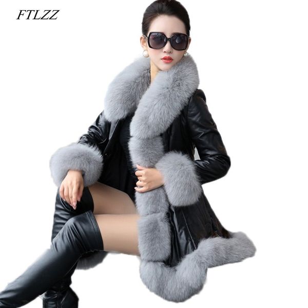 Kış Kürk Artı Boyutu 6XL Kadınlar PU Deri Faux Uzun Ceket Lady Rahat Sentetik Fox Yaka Palto 210423