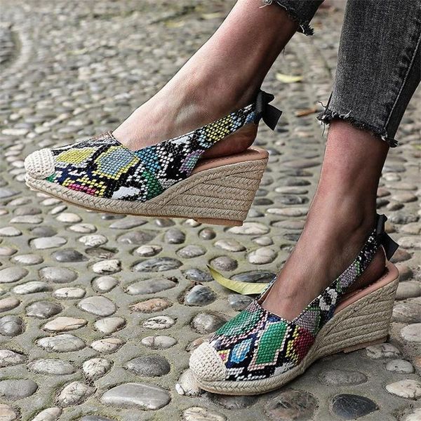 

sandals women wedges snake pattern closed toe platform espadrille sandalias female serpentine straw bottom summer ladies shoes, Black