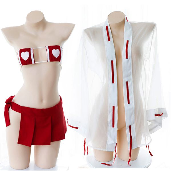 

womens lingerie set erotic japanese kimono witch uniform micro bikini bra mini skirt transprent robe thong maid cosplay, Red;black