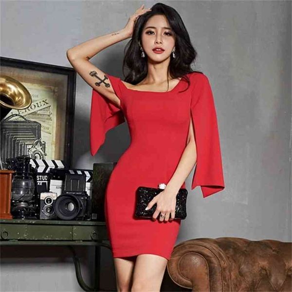 

korean cloak sleeves red slash neck mini summer bodycon party club women dress vestidos clothes 210603, Black;gray