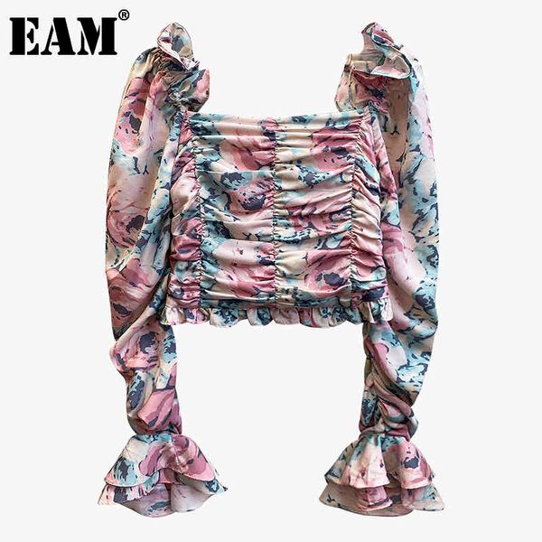 

[eam] women pattern printed pleated blouse square collar long sleeve loose fit shirt fashion spring autumn 1da210 21512, White