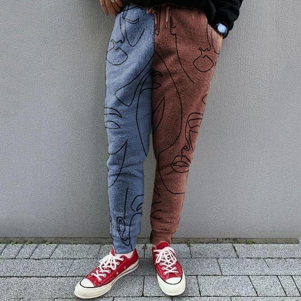 

men's pants 2021 vintage print plush men long casual patchwork drawstring pencil mens pocket autumn winter fashion trousers, Black