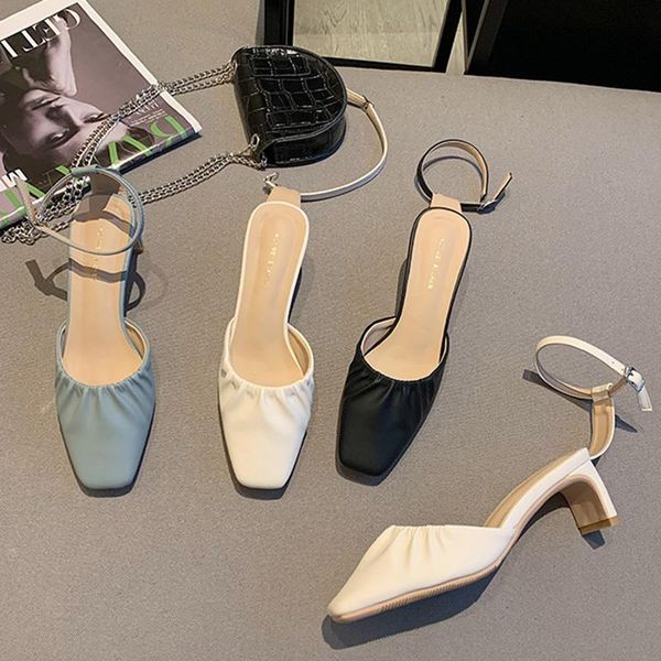 

2021 summer ins women blue high heels party sandals female retro white square toe ankle strap sandals sweet party bride shoes, Black