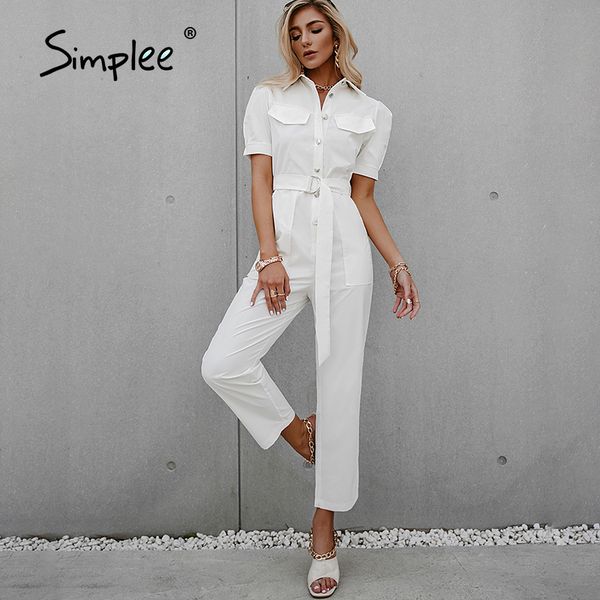 

simplee white puff sleeve lace-up women jumpsuit fashion outfit high street solid summer jumpsuits 2021 casual button jumpsuit, Black;white