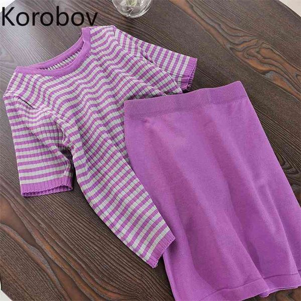 

korobov korean fashion women o neck short sleeve knitted tee and high waist solid skirt 2 pcs set preppy style female outfits 210430, White
