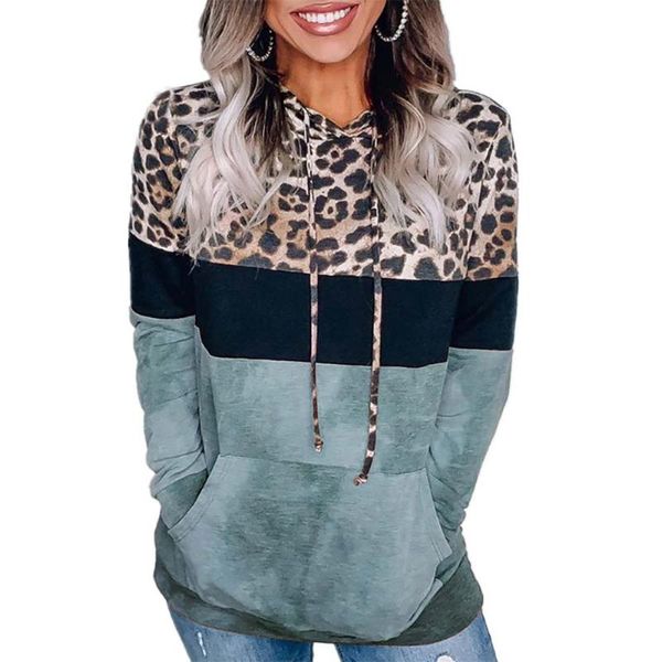 

women's hoodies & sweatshirts leopard printed for women big pocket long sleeve stitching casual pullover bandage hooded loose ladies sw, Black