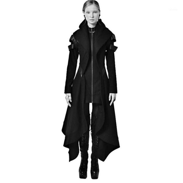 

women's trench coats women medieval vintage hooded long coat cloak irregular woman leather patchwork zipper gothic overcoat cosplay cos, Tan;black