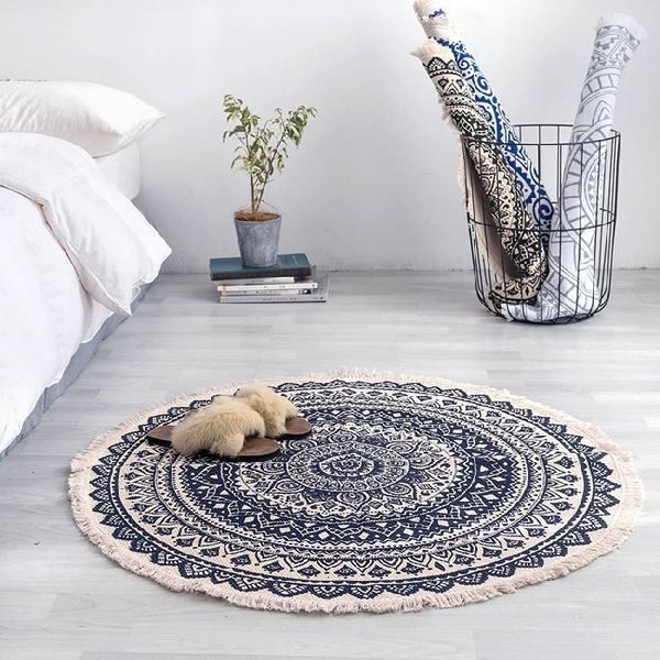 

round carpet bedroom boho style tassel cotton rug hand woven national classic tapestry morocco sofa cushion tatami floor mats carpets