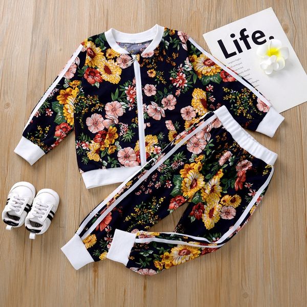

autumn new children clothing set fashion girl floral print long sleeve zipper coat + pant 2pcs outwear sports suit for kids 2-6y, White
