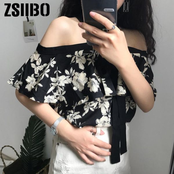 

elegant blouse women summer sweet casual black short sleeve off shoulder halter floral blusas mujer de moda women's blouses & shirts, White