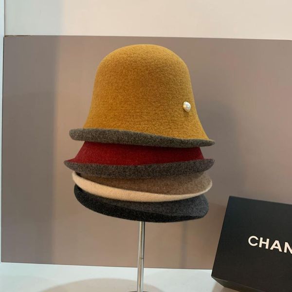 

wide brim hats double-sided wool basin hat autumn and winter models leisure wild fisherman showing face small pearl curling tide, Blue;gray