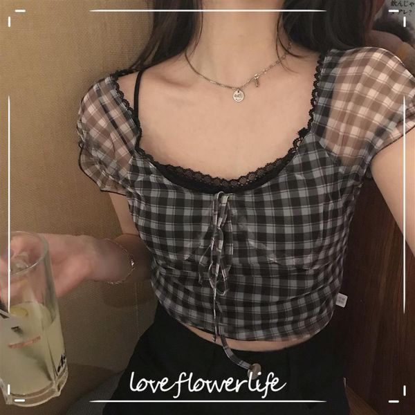 

summer plaid blouse women retro square collar shirt casual lace chiffon puff sleeve crop female korea clothing 210521, White